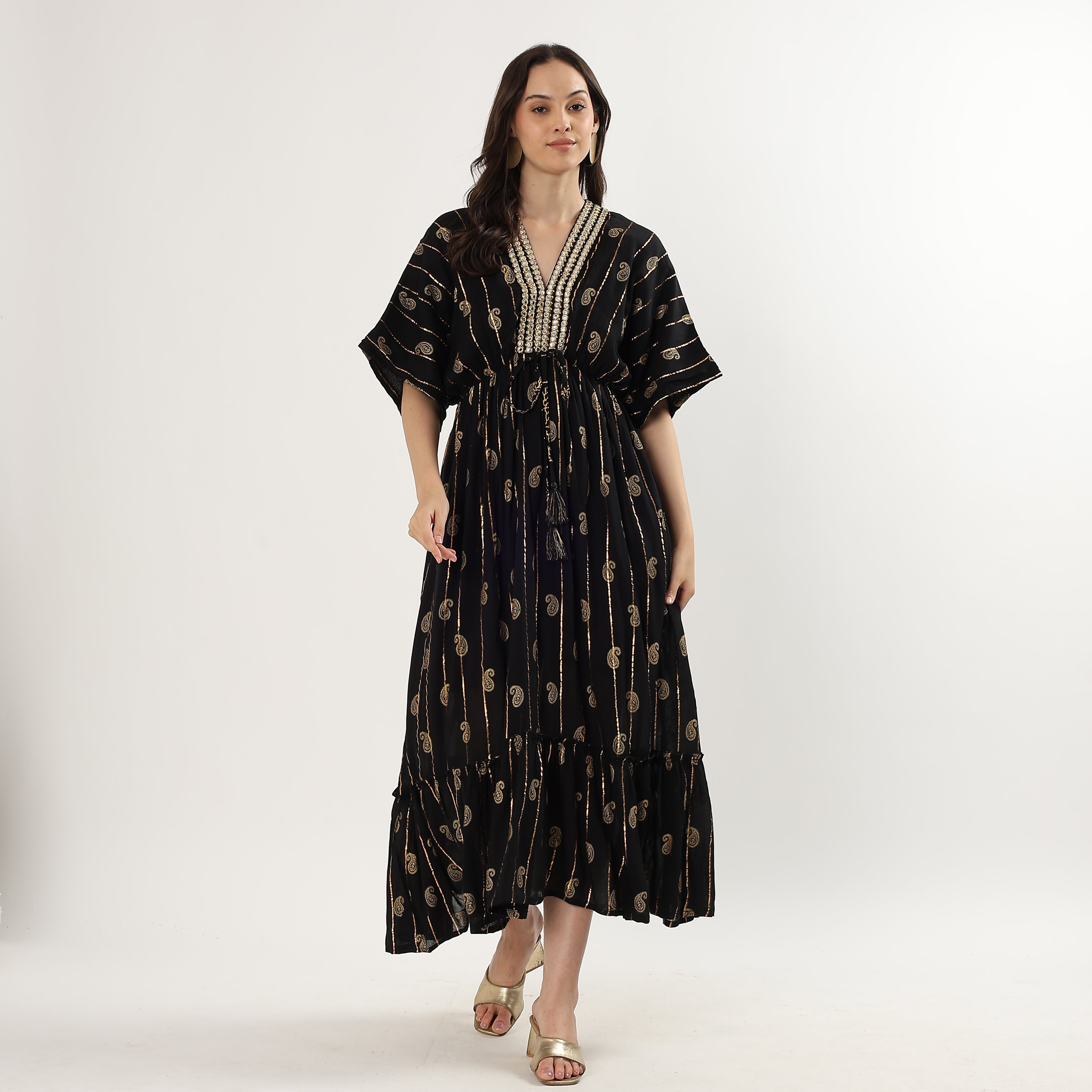 Elegant Black & Gold Printed Kaftan Dress