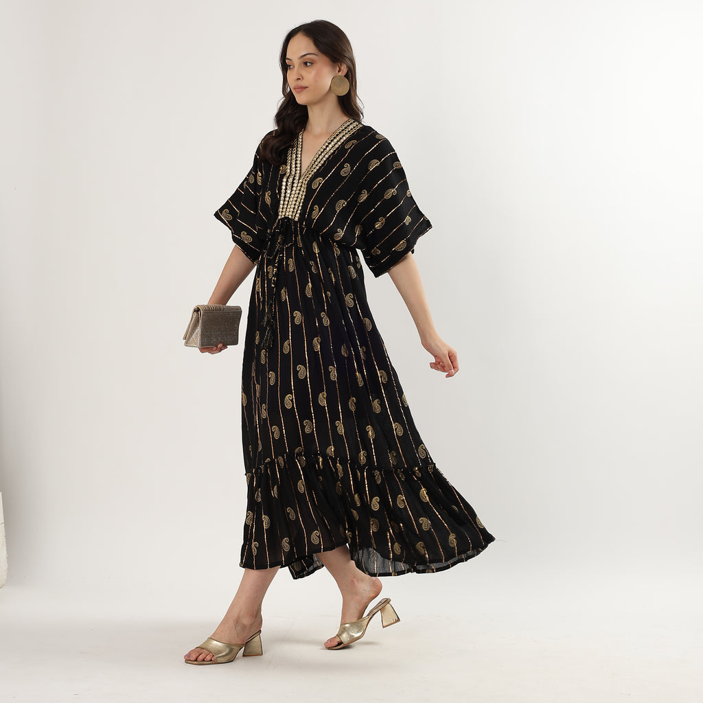 Elegant Black & Gold Printed Kaftan Dress