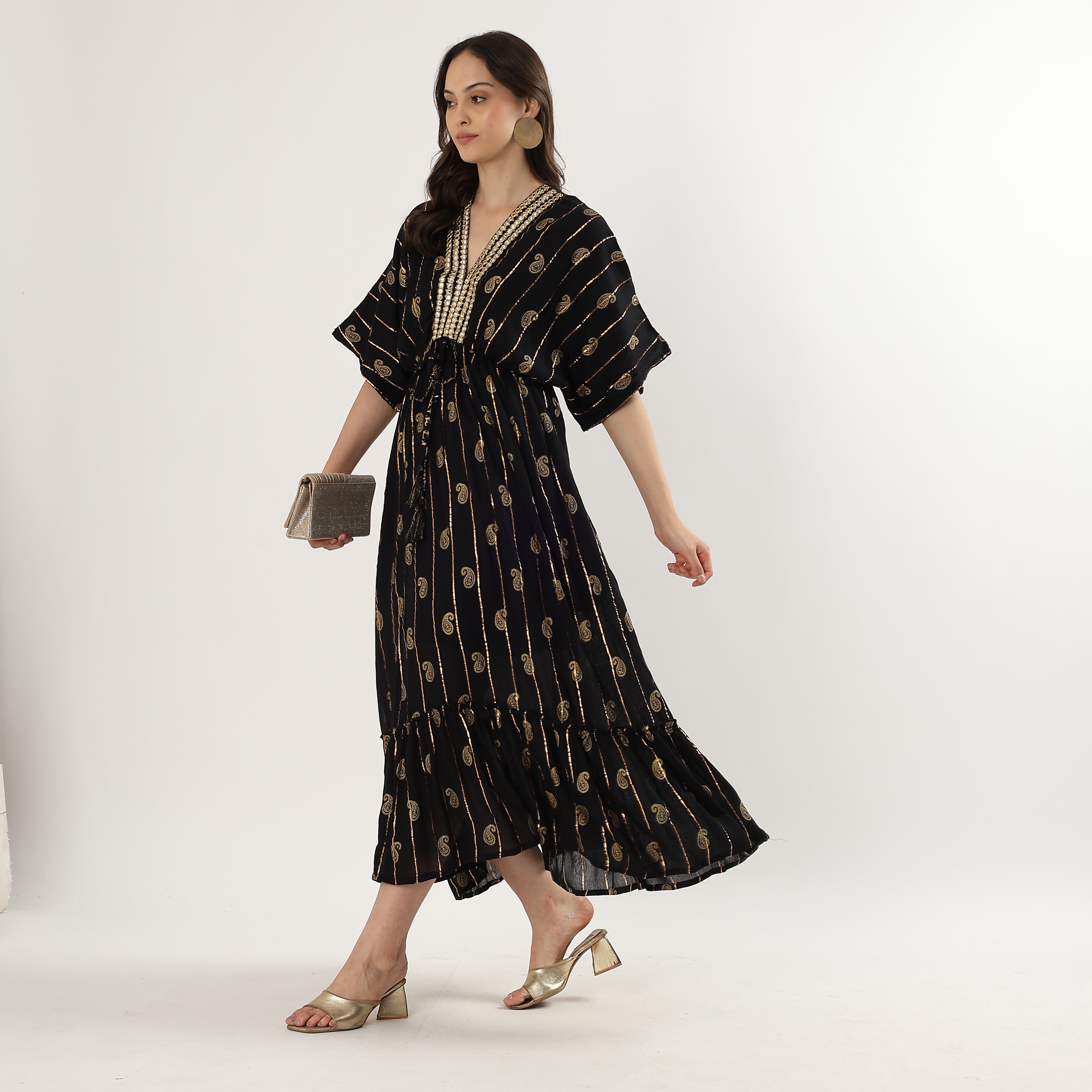 Elegant Black & Gold Printed Kaftan Dress